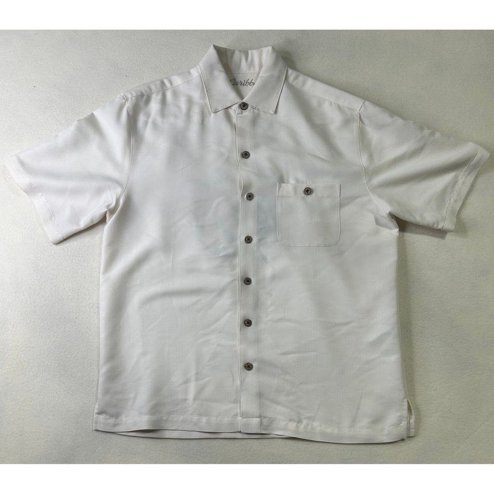 Caribbean Mens Medium Ivory Herringbone Short Sleeve Camp Collar Button Shirt